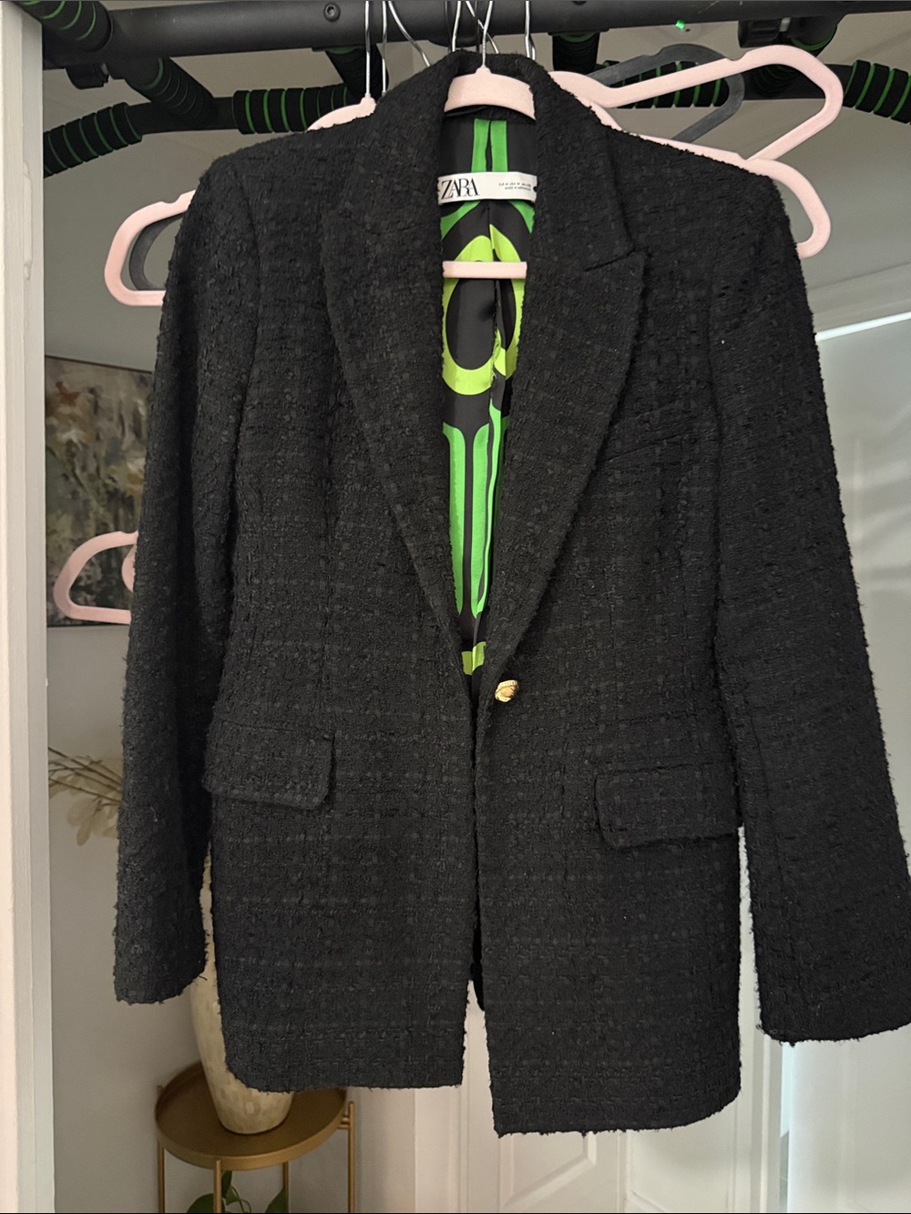 ZARA Black Textured Bouclé Blazer with Gold Button